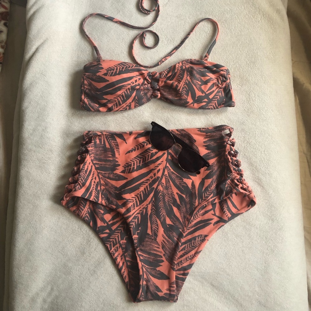 Coral Two-Piece High-Waisted Swimsuit